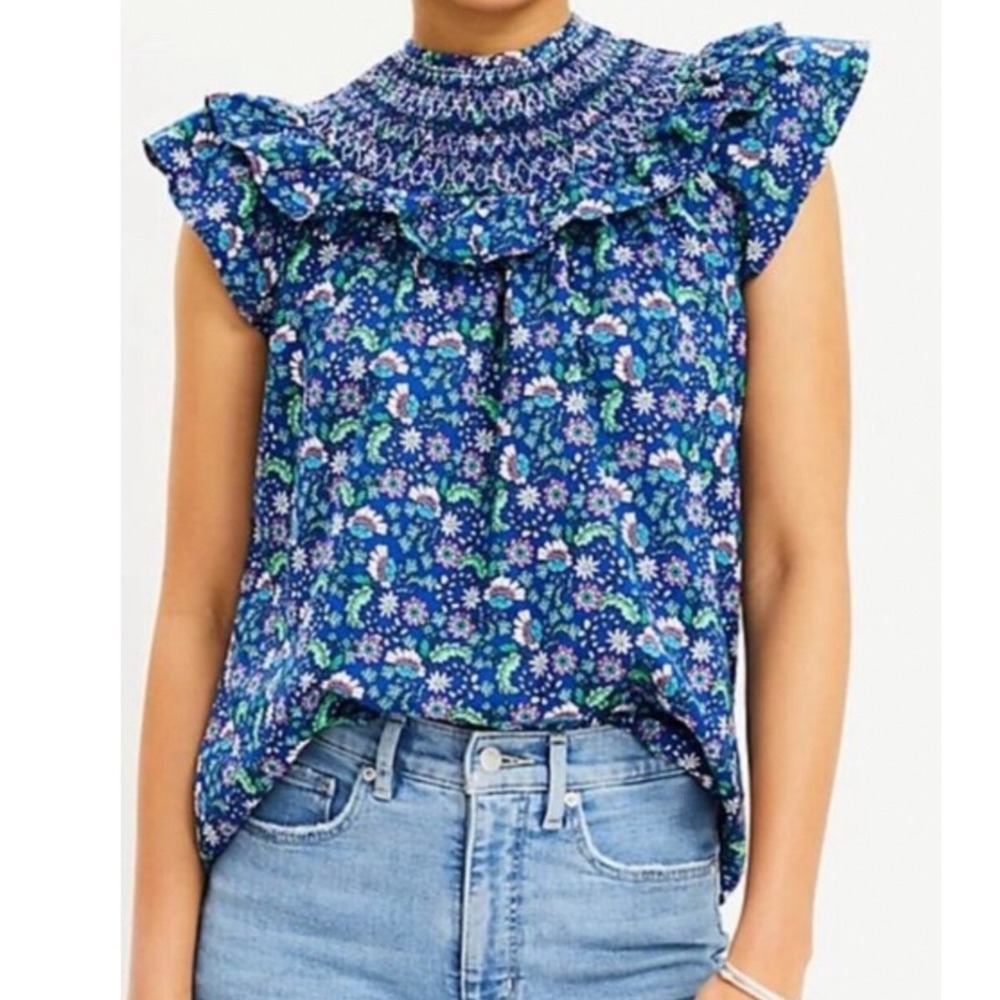 LOFT Blue Floral Smocked Ruffle Neck Blouse Top Medium